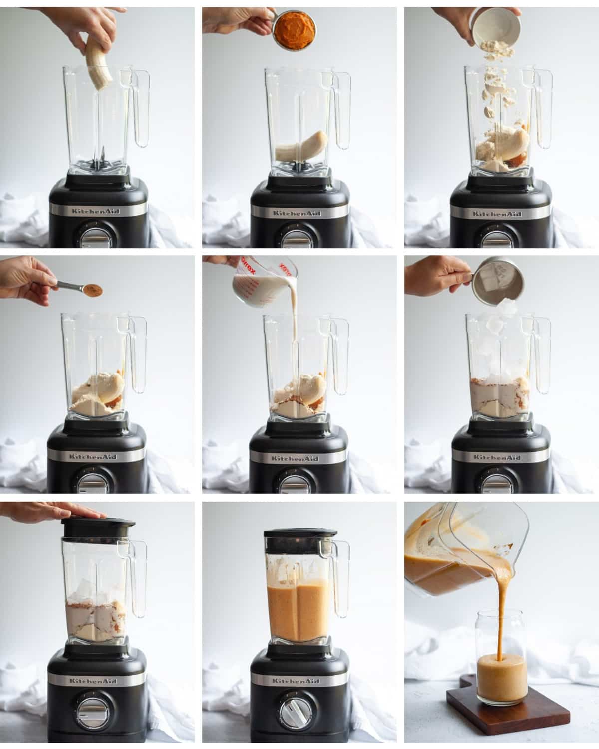 9-image collage showing how to make a pumpkin pie protein shake.