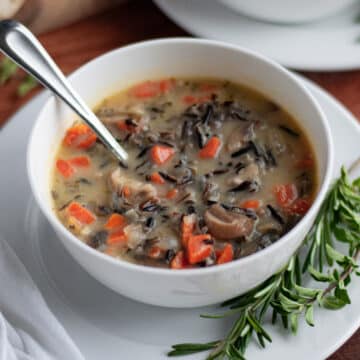Feature image for our vegetarian wild rice soup with mushrooms.