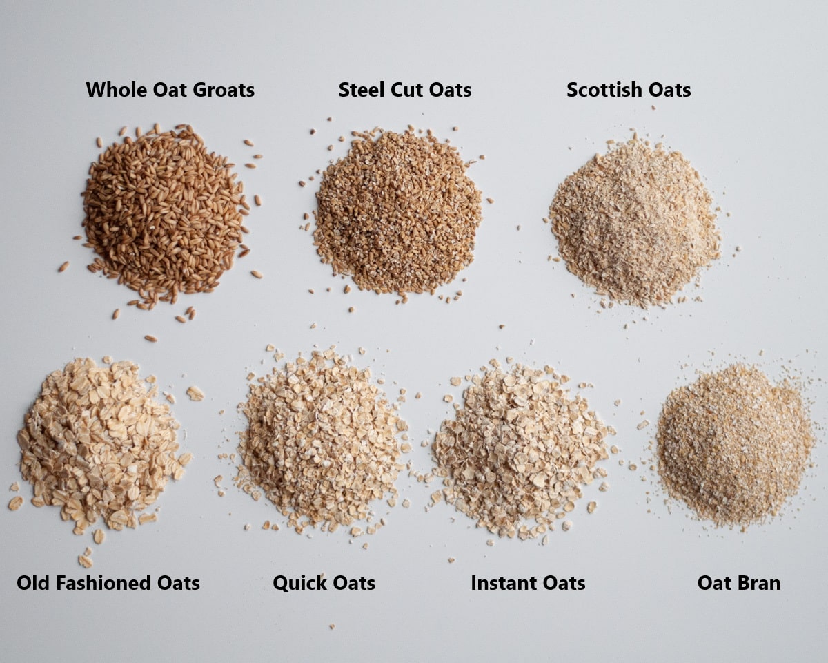 Side by side comparison of different kinds of oats, including oat groats vs steel cut oats vs scottish oats vs rolled oats vs quick oats vs instant oats vs oat bran.