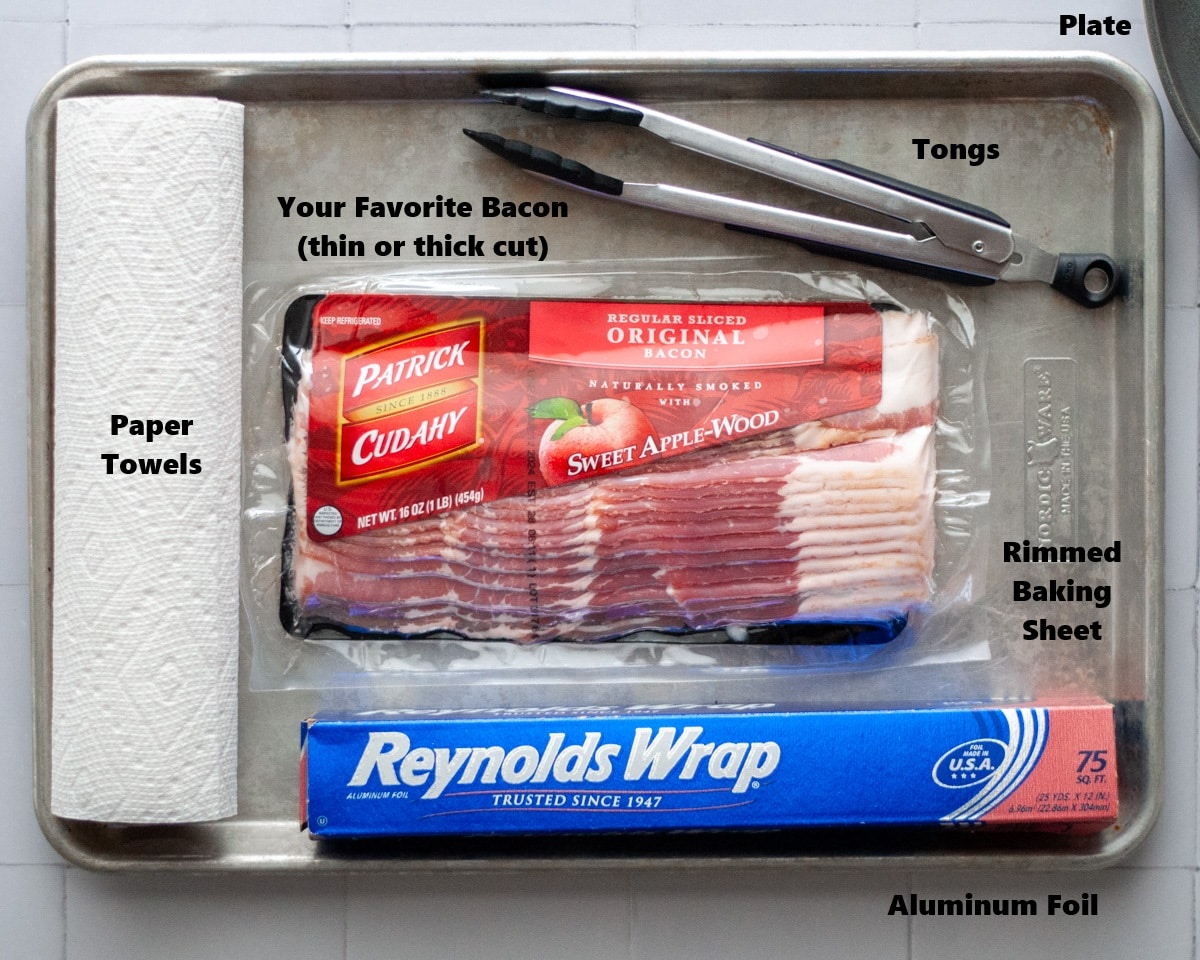 Ingredient and tools needed to cook bacon in the oven.