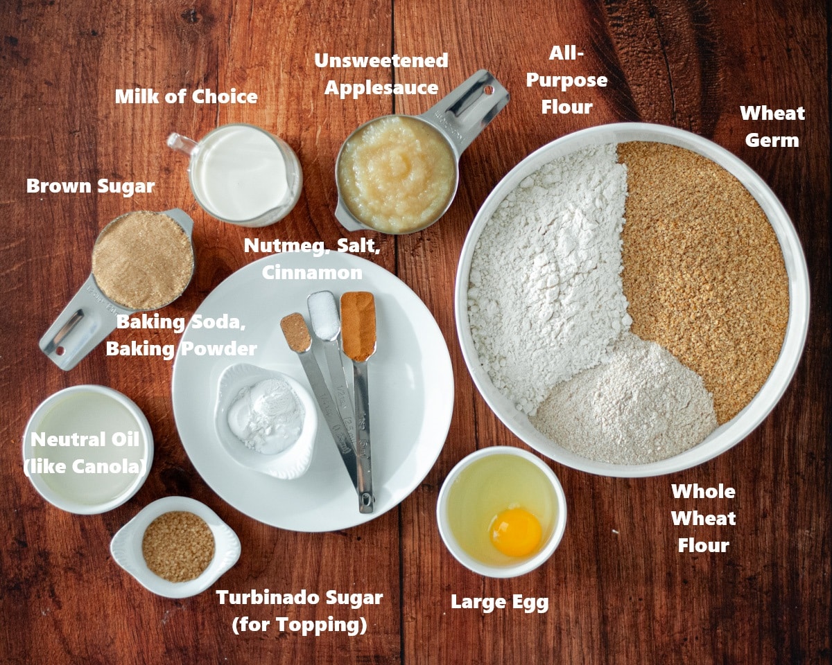 Ingredients needed to make wheat germ muffins.