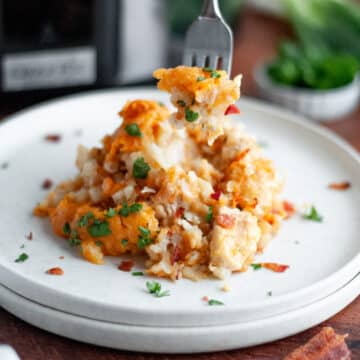 Feature image for our slow cooker chicken bacon and ranch tater tot casserole recipe.