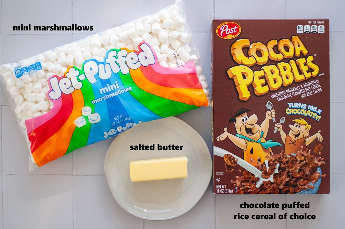 Ingredients needed to make cocoa krispie treats.