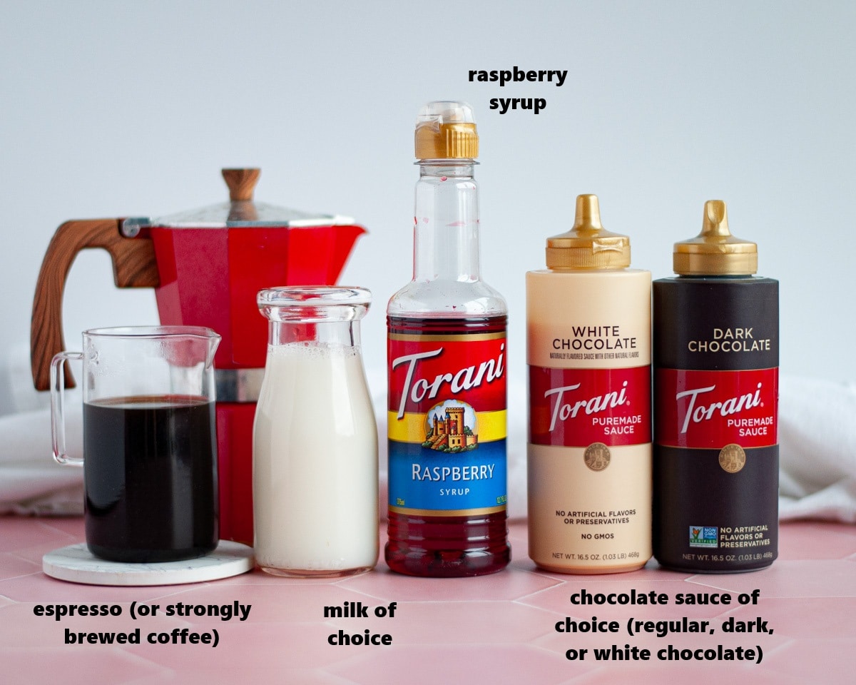 Ingredients needed to make a homemade raspberry mocha.