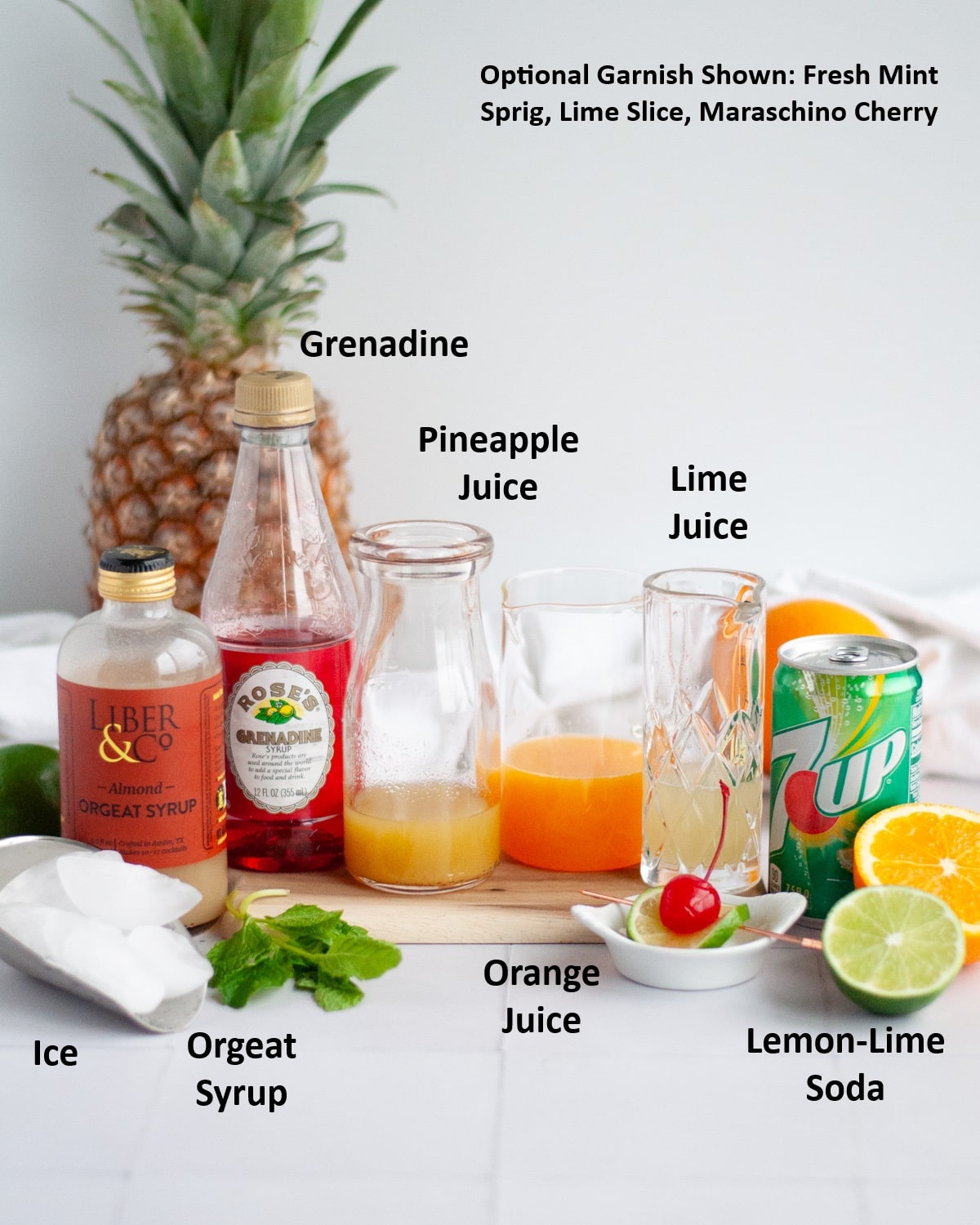 Ingredients needed to make a mai tai mocktail.