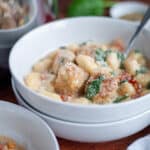 A serving bowl filled with tuscan chicken meatballs and gnocchi topped with parmesan.