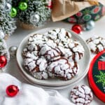 A serving plate piled high with double chocolate crinkle cookies.