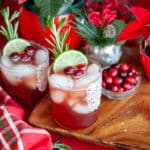 Close up of a cranberry margarita garnished with a sprig of rosemary, a slice of lime, and 3 fresh cranberries.