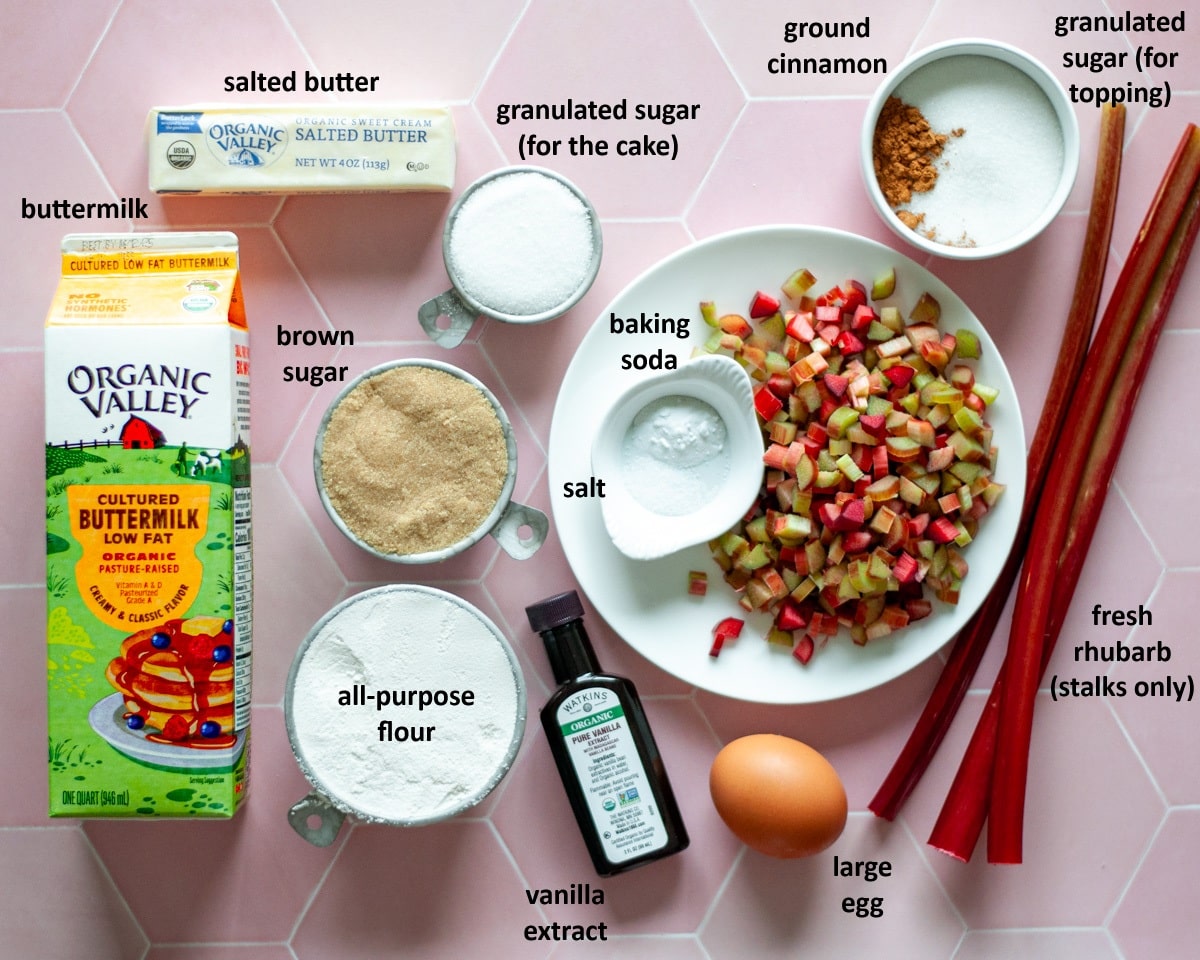 Ingredients needed to make our old-fashioned rhubarb cake recipe.