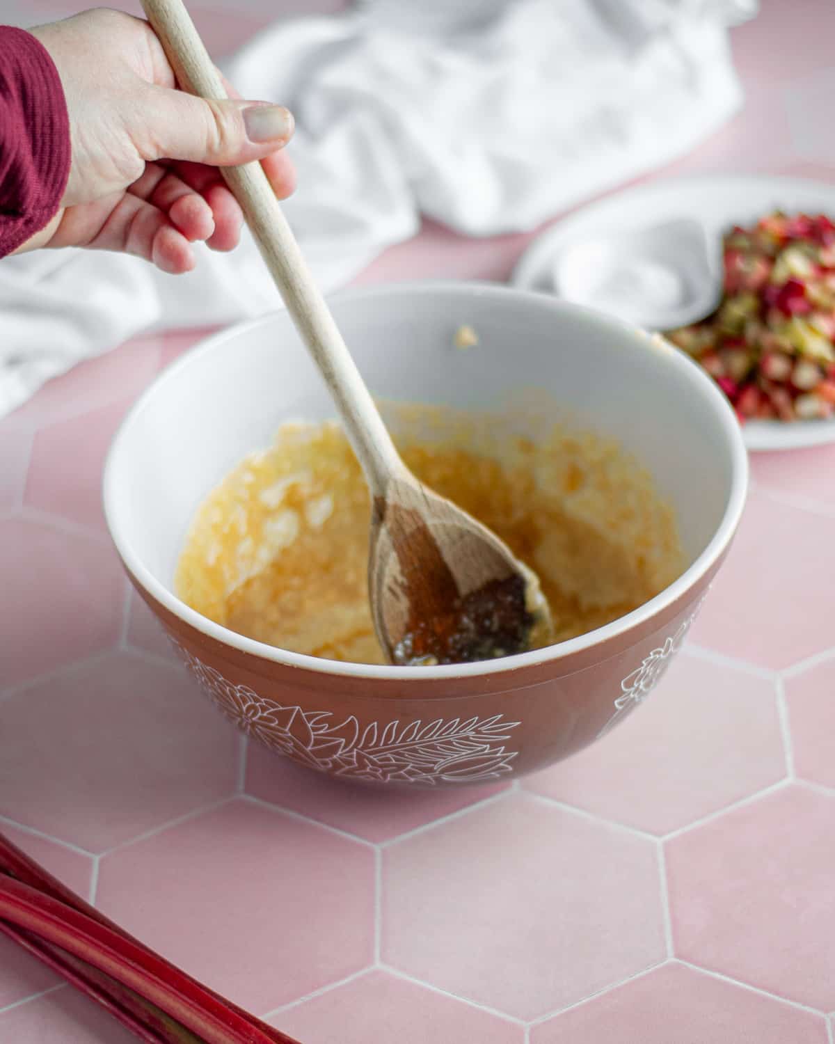 Process shot showing the liquid ingredients being mixed together.