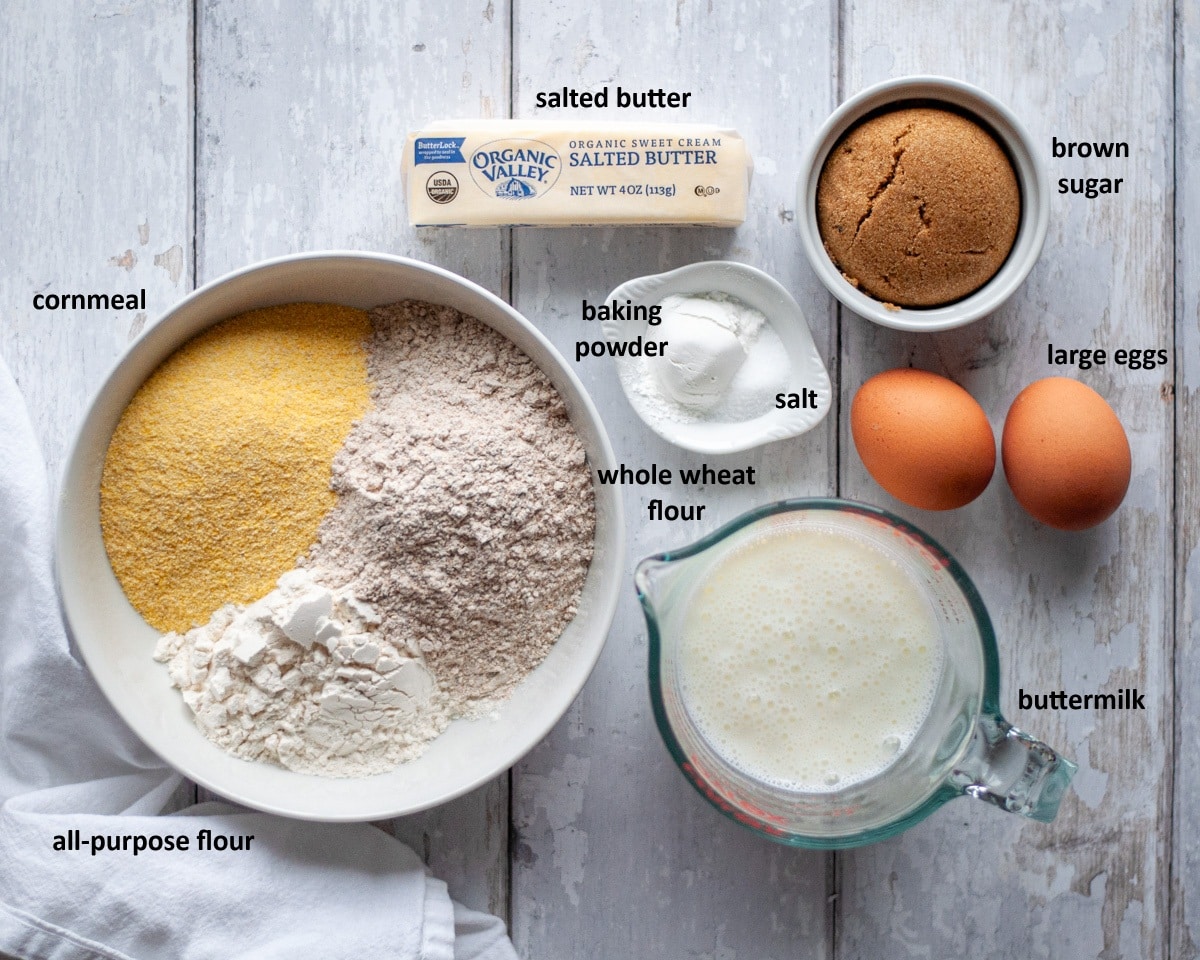 Ingredients needed to make our whole wheat cornbread recipe.