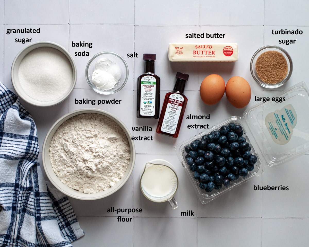 Ingredients needed to make the best blueberry muffin recipe.