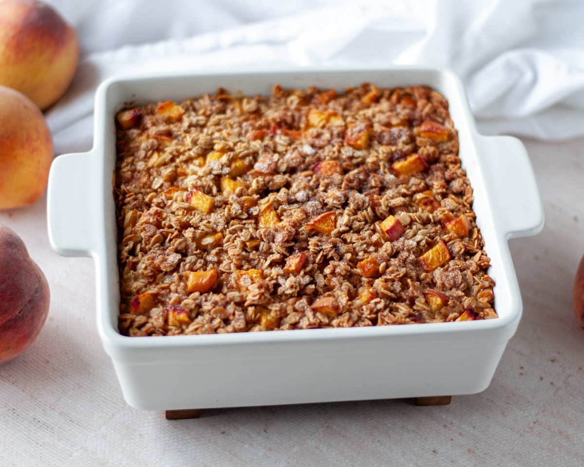 Close up of the peach baked oatmeal, fresh out of the oven.
