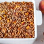 Close up of the peach baked oatmeal, fresh out of the oven.