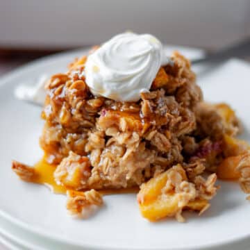 Feature image for our peach baked oatmeal recipe.