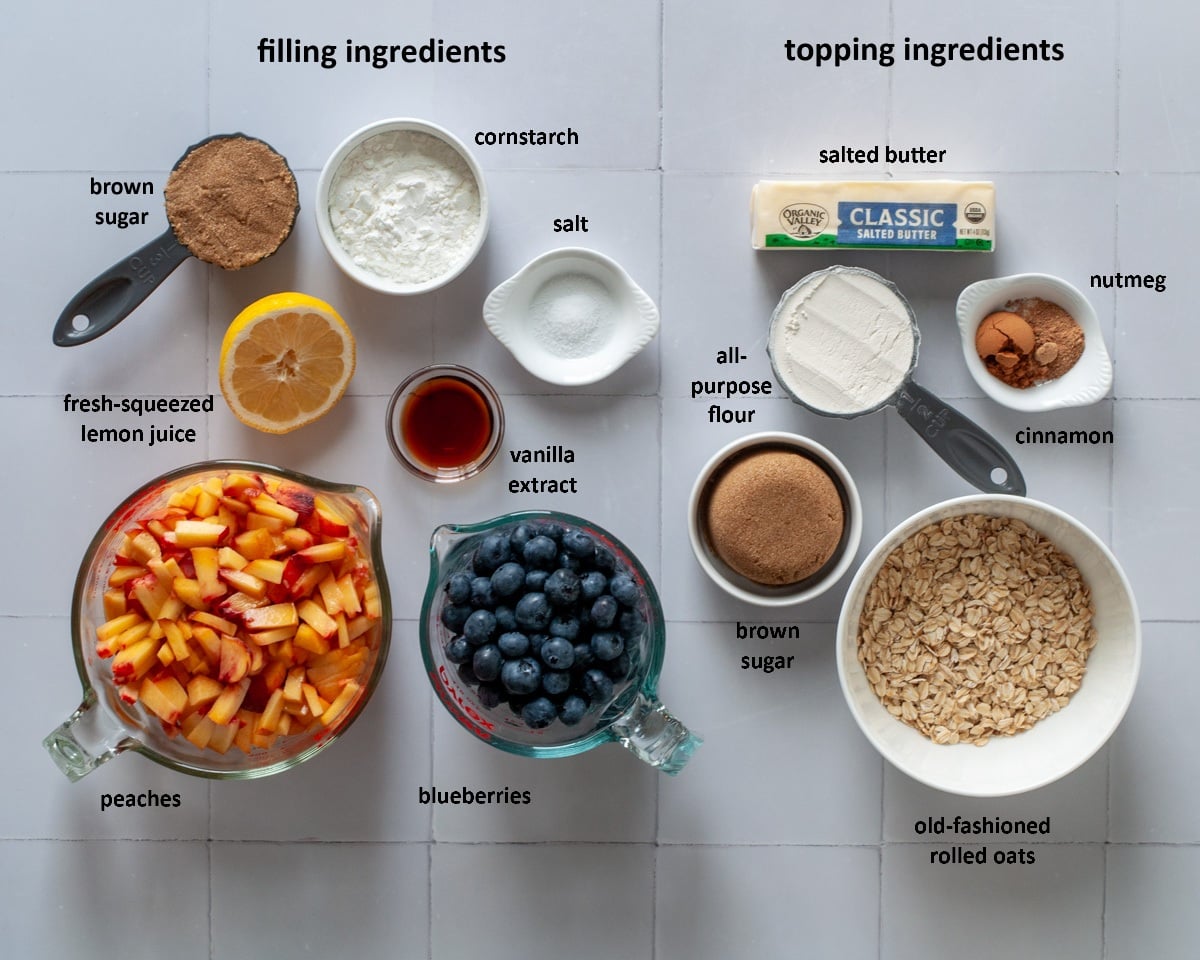 Ingredients needed to make our peach & blueberry crisp recipe.