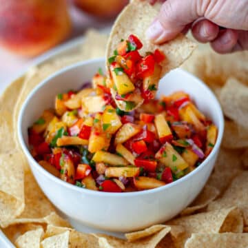 Feature image for our fresh peach salsa recipe.