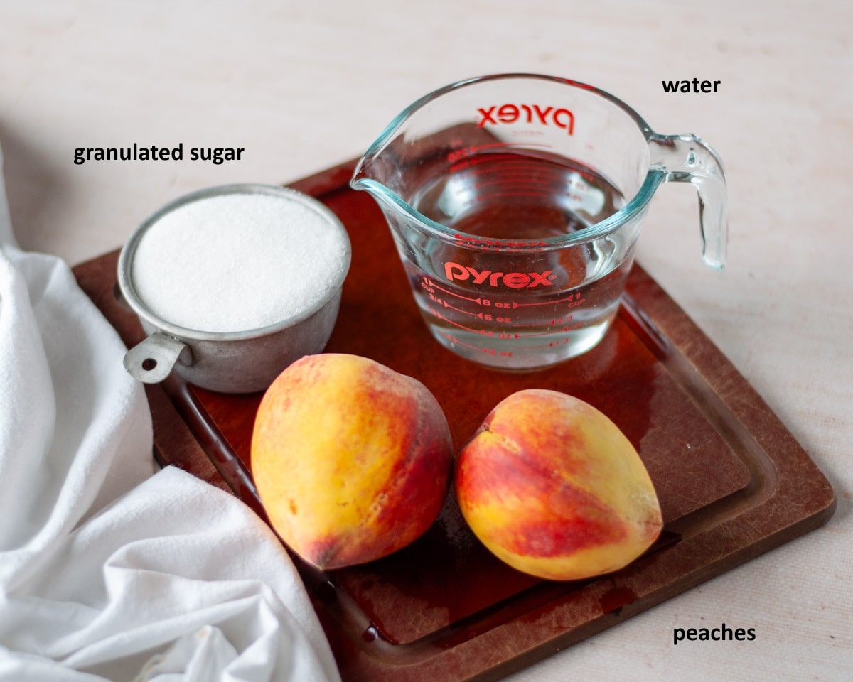 Ingredients needed to make our peach simple syrup recipe.