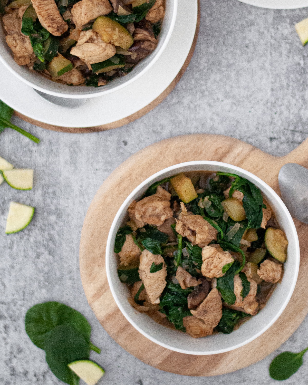 Top down view of two bowls of 5-spice chicken with mushrooms and vegetables.