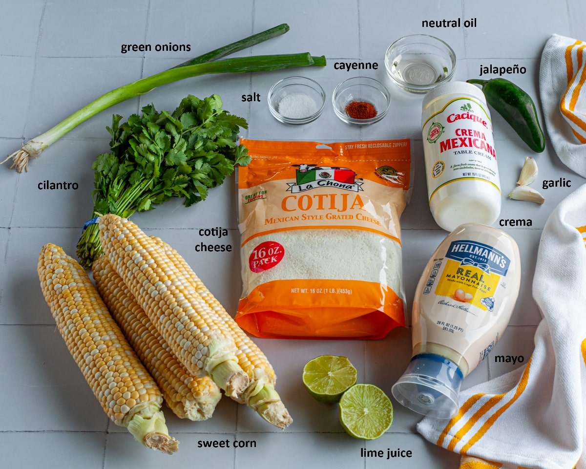Ingredients needed to make our Mexican street corn salad recipe.