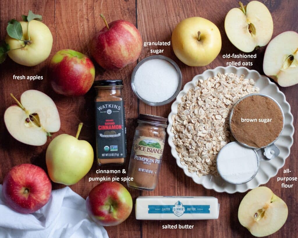 Ingredients needed to make our apple crisp recipe with oatmeal topping.