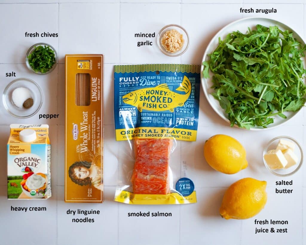 Ingredients needed to make creamy lemon pasta with smoked salmon.