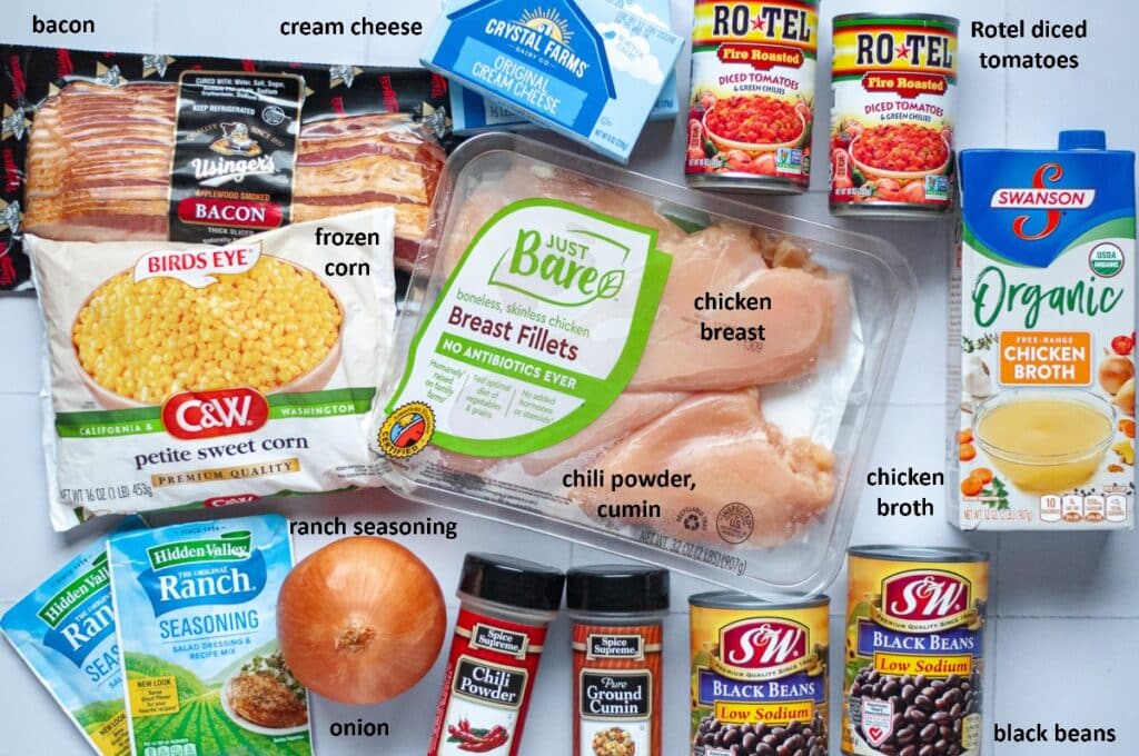 Ingredients needed to make our creamy crock pot chicken chili with bacon.