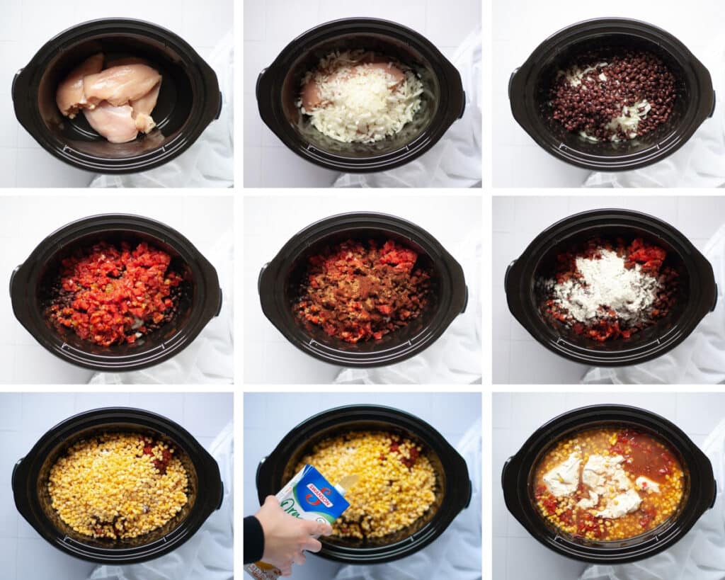 9 image collage showing how to make slow cooker white chicken chili with bacon.