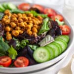 Close up of a plate filled with a Curry Roasted Chickpea Salad.