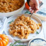 Close up of a hand with a fork about to take a scoop of the pumpkin mac n cheese topped with toasted cracker crumbs from the serving plate.