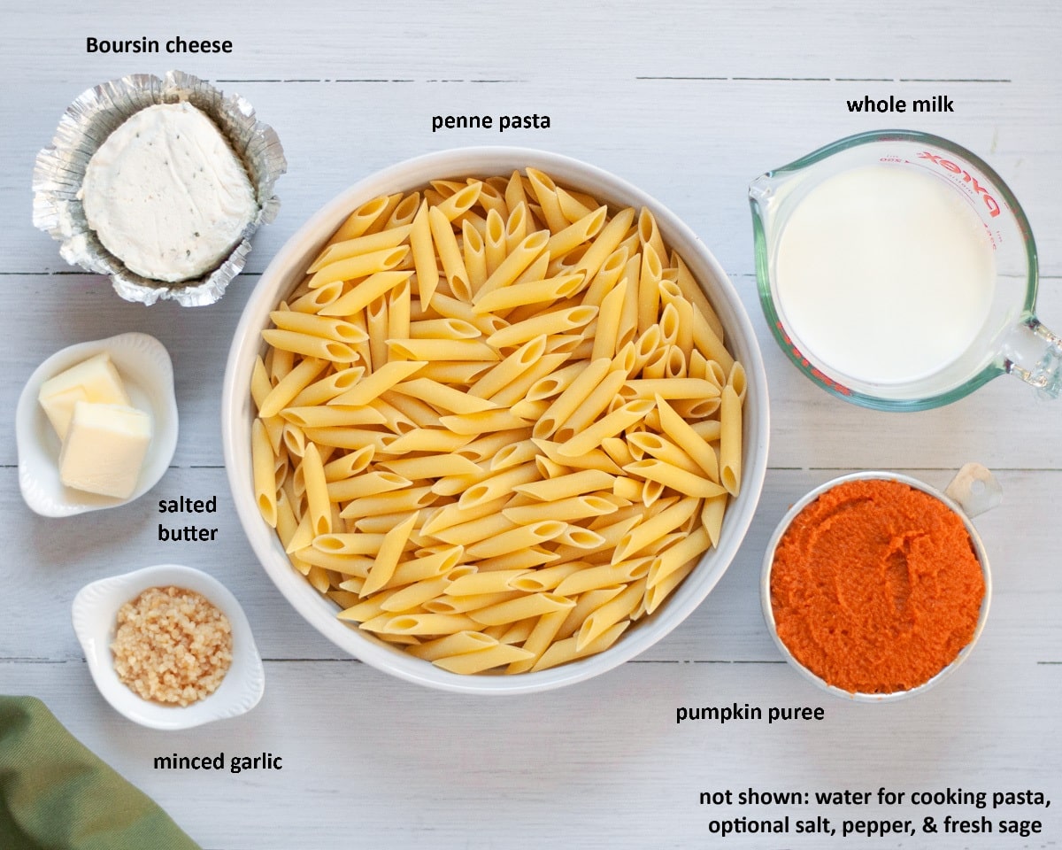 Ingredients needed to make our pumpkin pasta with boursin cheese.