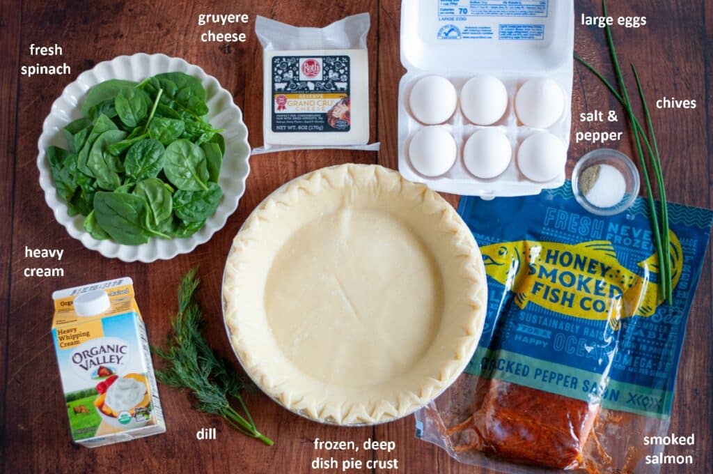 Ingredients needed to make our smoked salmon and spinach quiche.