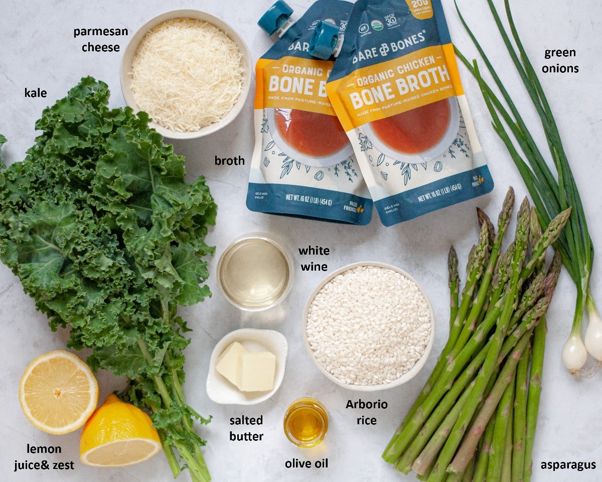 Ingredients needed to make our Lemon Risotto with Asparagus and Kale.
