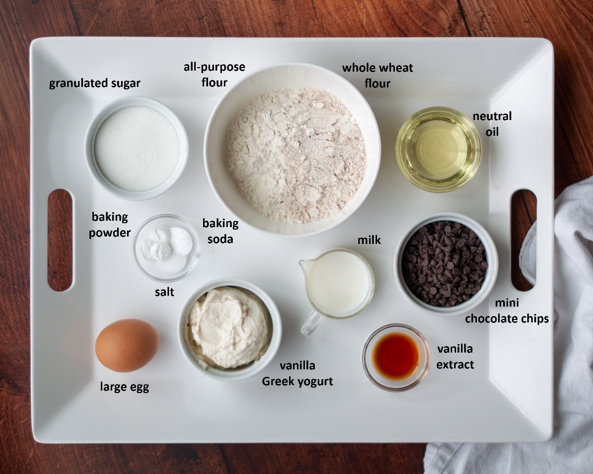 Ingredients needed to make greek yogurt chocolate chip mini muffins.