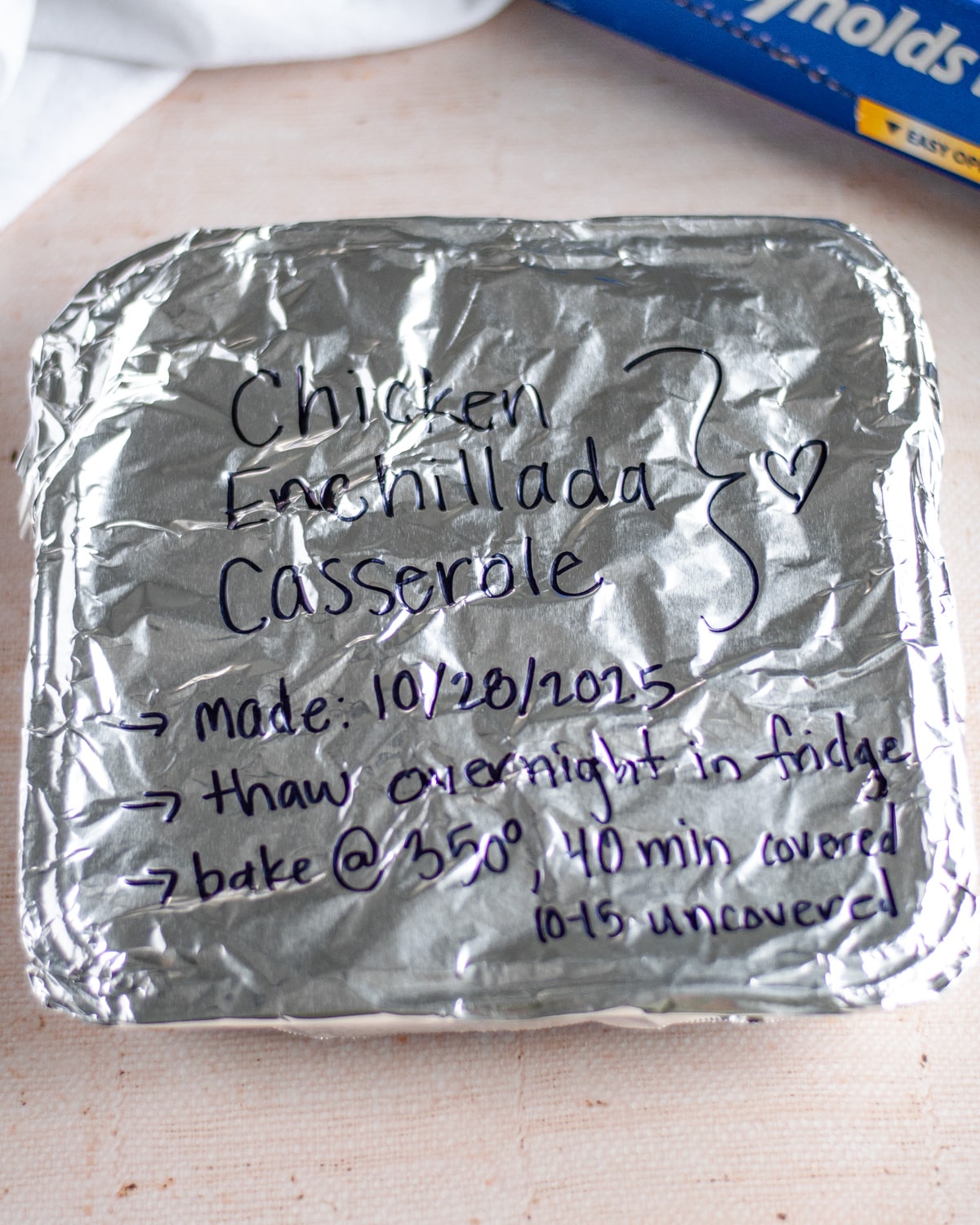 Close up of a labeled 8x8 casserole, ready to go into the freezer for another day.