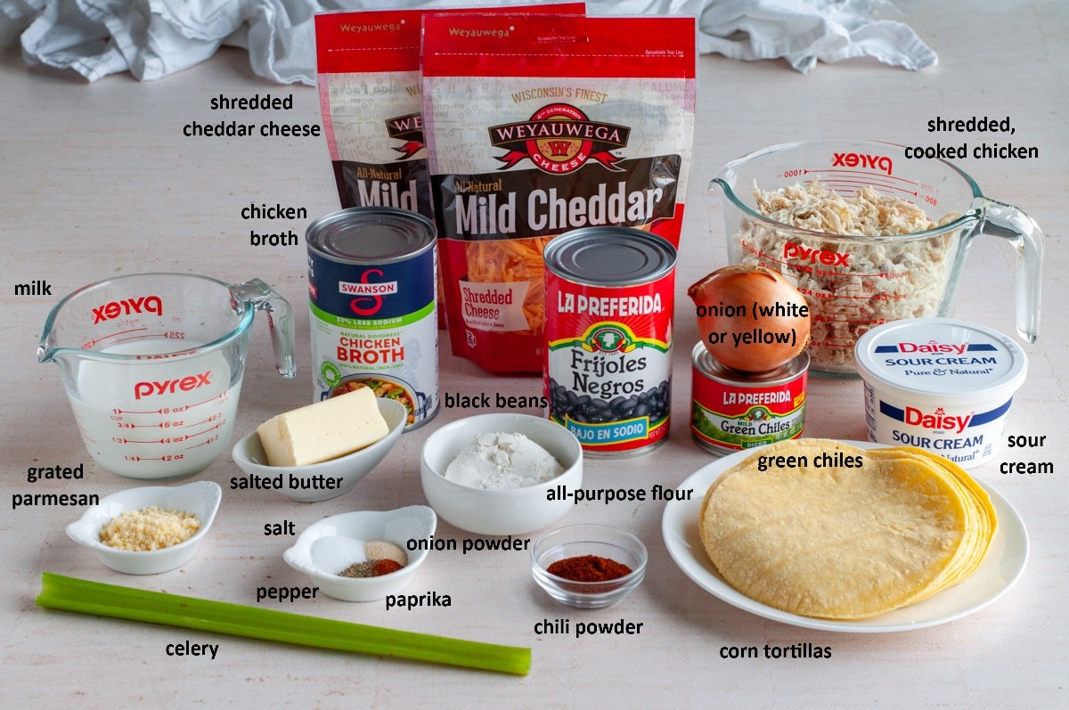 Ingredients needed to make our creamy chicken enchilada bake recipe.