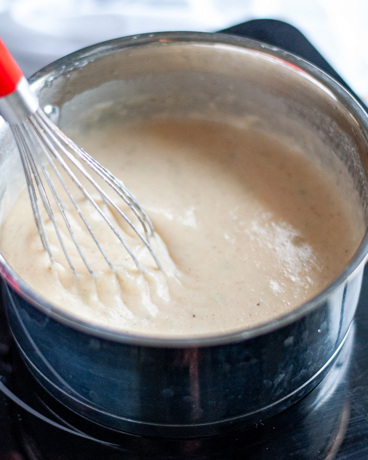 Close up of the thickened cream of celery soup.