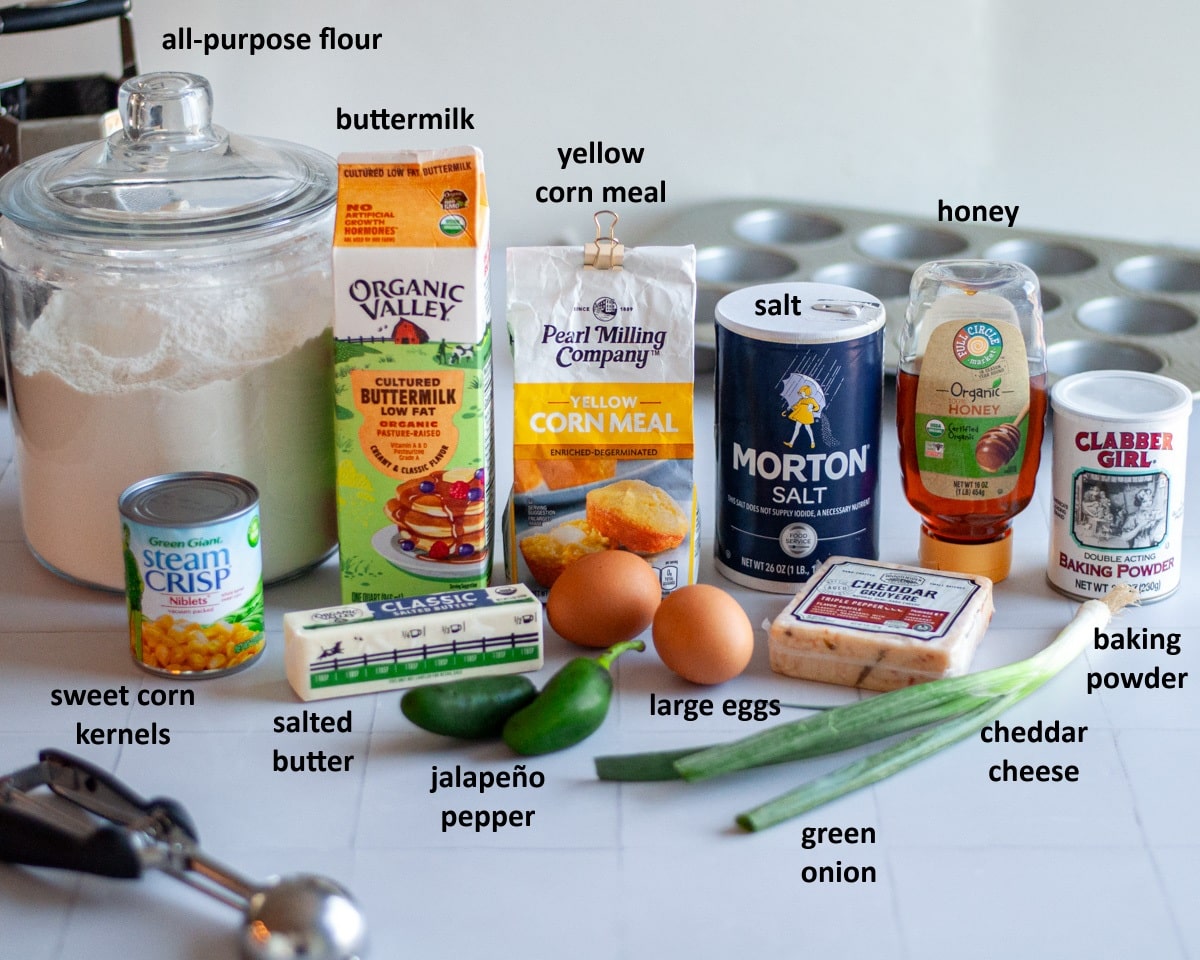 Ingredients needed to make our buttermilk cornbread muffins with jalapenos.