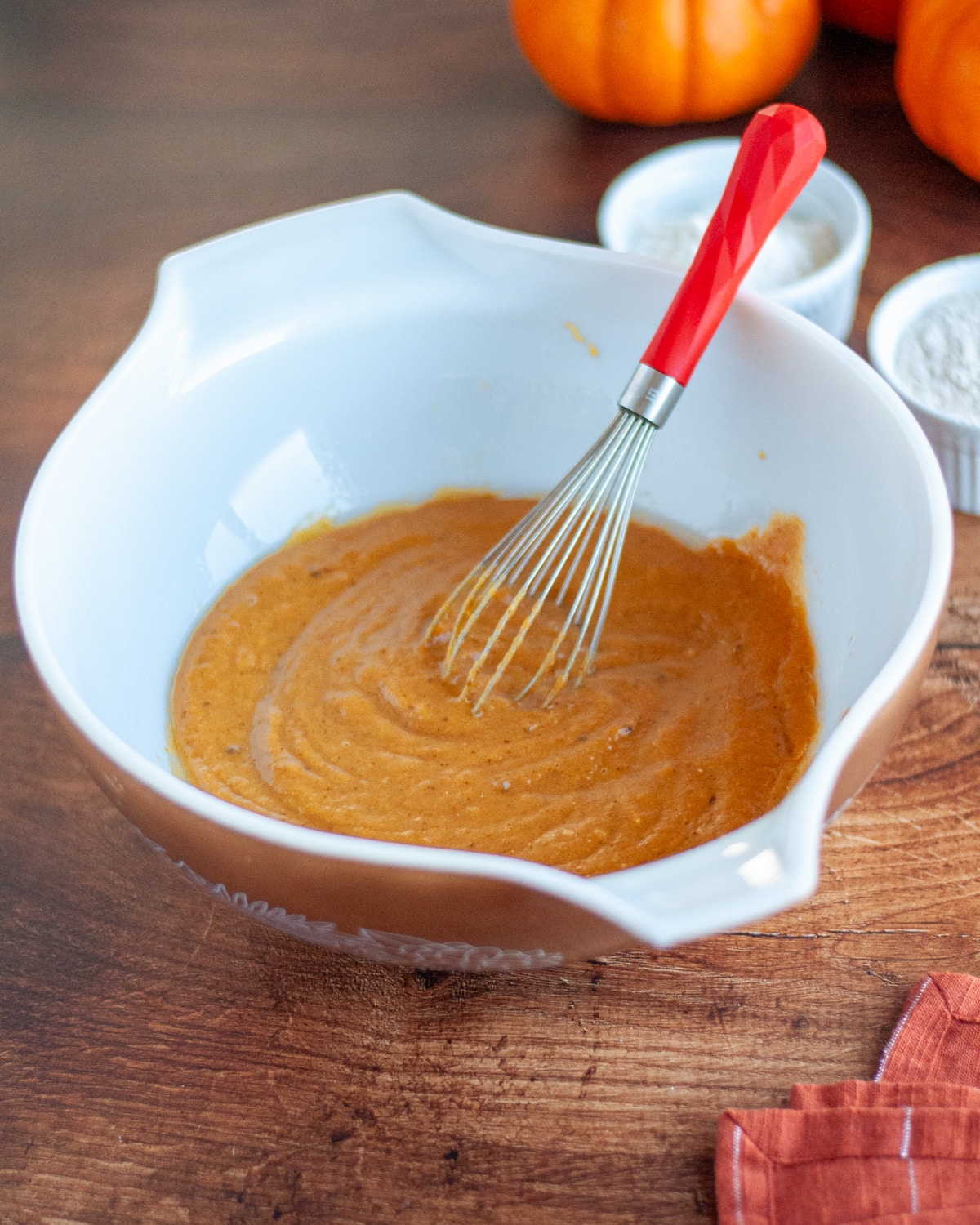 Process shot showing the wet ingredients and sugar mixture after being whisked.