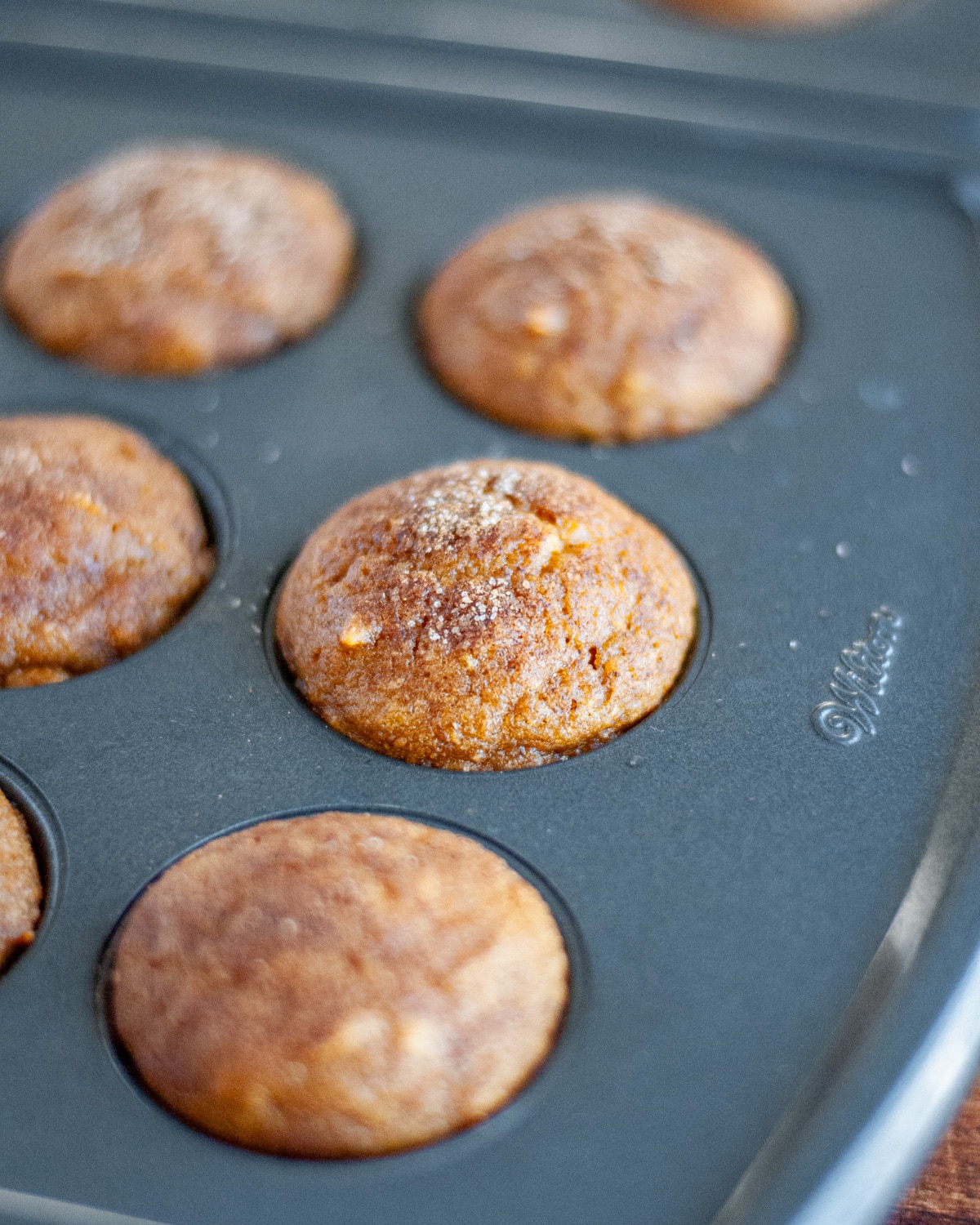 Close up of freshly baked pumpkin mini muffins still in the muffin tin.