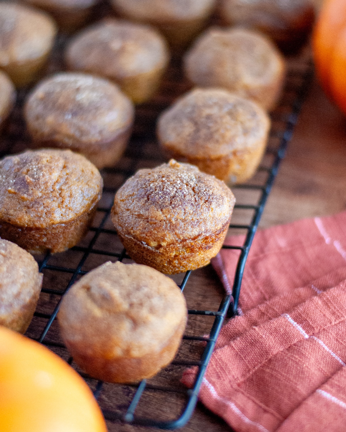 Close up of a black wire racked filled with the pumpkin mini muffins.