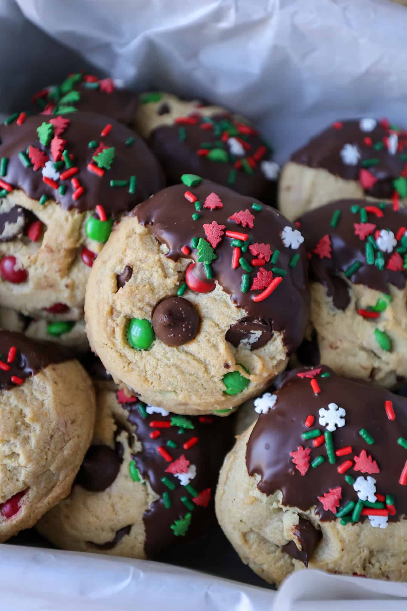 Chocolate Dipped Christmas Chocolate Chip Cookies by Fat Girl Hedonist.