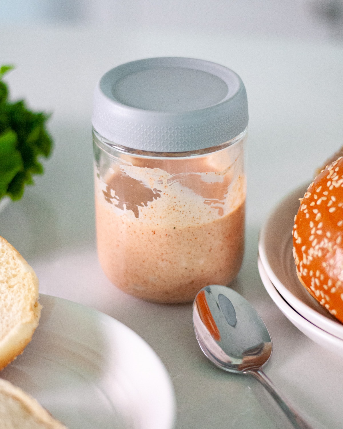 Close up of a jar of burger sauce.